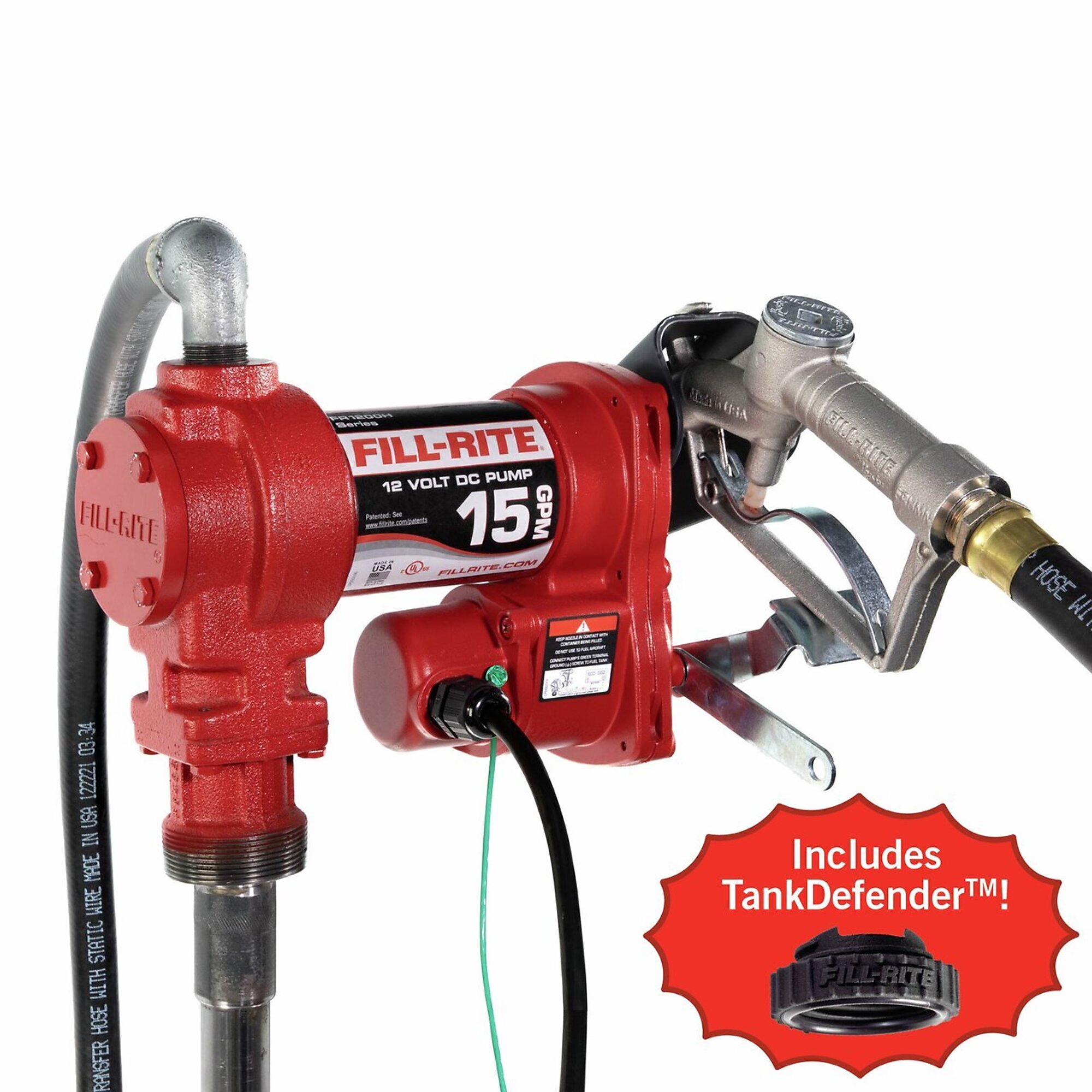 Fill-Rite 12V DC Fuel Transfer Pump — 15 GPM, Manual Nozzle, TankDefender, Model# FR1210HTKD